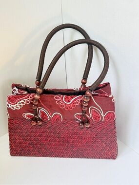 Woven Wicker Straw Red Boho Purse Shoulder Bag Handbag Sequins Beads Embroidered